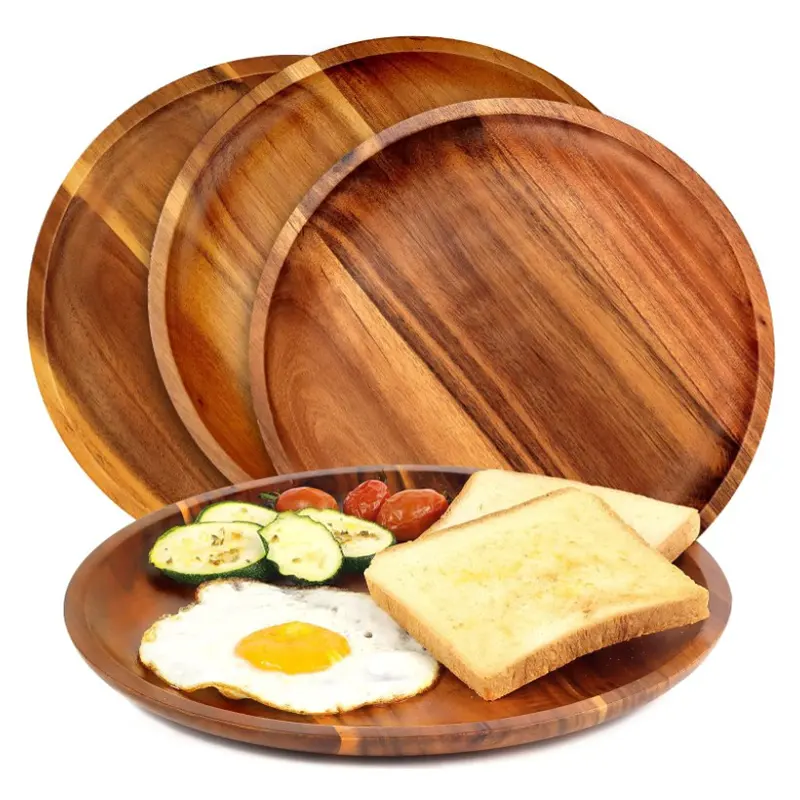 Plateau de service rond en acacia pour la maison et la cuisine Plateau à collation Assiette de présentation en bois Décoration de mariage Assiette à dîner en bois