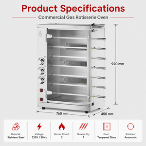 <span class=keywords><strong>Horno</strong></span> Asador Comercial a Gas de 3/5/7 Asas de Acero Inoxidable, Asador Automático Giratorio para Pollo, Barbacoa COOKAID 800W Multivoltaje - Product Image 2