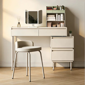 Ensemble de coiffeuse étroite tout métal avec <span class=keywords><strong>miroir</strong></span> LED pliable en trois parties, organisateur de cosmétiques multi-niveaux et armoire latérale à <span class=keywords><strong>2</strong></span> tiroirs, finition douce - Product Image 3