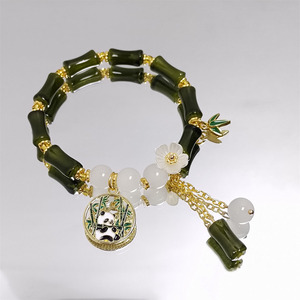 Pulseras <span class=keywords><strong>de</strong></span> Cuentas <span class=keywords><strong>de</strong></span> Bambú Verde <span class=keywords><strong>Chino</strong></span>, Imitación <span class=keywords><strong>de</strong></span> <span class=keywords><strong>Jade</strong></span>, con Dijes <span class=keywords><strong>de</strong></span> Hoja <span class=keywords><strong>de</strong></span> Panda y Flor, Borla Hecha a Mano, Pulsera Elástica para Mujer y Niña - Product Image 3
