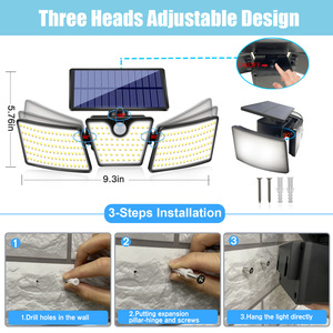 Extérieur étanche IP65 3 tête détecteur de mouvement 265 led haute lumen cour solaire <span class=keywords><strong>applique</strong></span> murale pour garage jardin paysage patio - Product Image 4