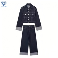 Ensemble deux pièces en jean YUANBOFEI pour femme – Veste courte en jean brut foncé et jean assorti pour femme