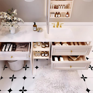 Mueble de Baño con Lavabo Individual Personalizable, Mueble de Pared Color Crema Francés con Espejo Antivaho Inteligente de Madera Maciza y Cajones Grandes - Product Image 5