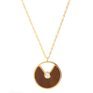 BEWELL Luxury Elegant Lady Necklace Handcrafted with Real Wood and Stainless Steel round Shape Stone Index 3 Colors Link Chain