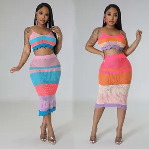 GX4384 fashion knitted beach wear women's color patchwork sleeveless crop top and long skirt 2 piece set ladies crochet suit