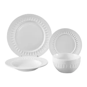 wholesale 16Pcs White Embossed Ware Ceramic Stoneware Dinner Set