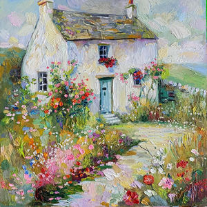 <span class=keywords><strong>Peinture</strong></span> à l'huile de chalet irlandais peinte à la main, <span class=keywords><strong>paysage</strong></span> floral <span class=keywords><strong>romantique</strong></span> pour la décoration intérieure, tableau mural - Product Image 1