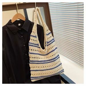 Custom Handmade Large Capacity Striped Cotton Knitted Women's Shoulder Tote Crochet Bag Niche <b>Woolen</b> Woven Fashionable Accessory - Product Image 4