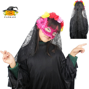 Serre-tête fantôme de mariée d'Halloween Fankasi avec voile en filet et fleurs colorées, accessoire de costume pour fête masquée - Product Image 1