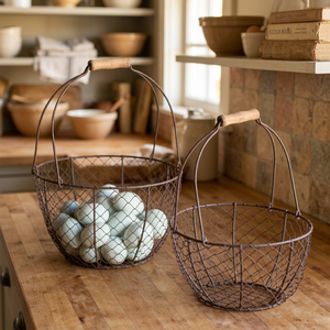 Panier de rangement rustique en fil de fer, panier rond en métal fait à la main pour la cuisine - Product Image 3