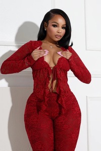 Set di <span class=keywords><strong>pantaloni</strong></span> Sexy in <span class=keywords><strong>pizzo</strong></span> elasticizzato in due pezzi con Cardigan Crop Top a maniche lunghe e <span class=keywords><strong>pantaloni</strong></span> a zampa di elefante - Product Image 2