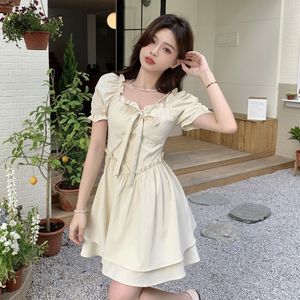 Women's Summer Puff Sleeve Square Neck <b>Dress</b> <b>Elastic</b> Waist Ruffles A-line Casual Daily Wear Breathable Short Sleeve - Product Image 1