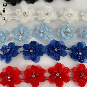 Adorno de encaje floral 3d con cuentas de cristal, varios colores, superventas