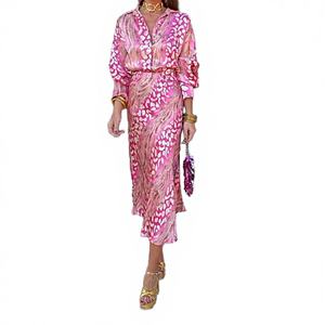 Conjunto de Falda Midi Bohemio Chino para Mujer, Cuello en V, Ajuste Holgado, Transpirable, Primavera-Otoño, con Botones Digitales, Venta al por Mayor, Moda Étnica - Product Image 2