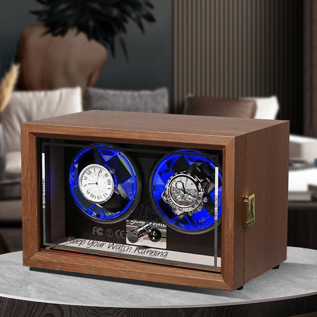 Custom Rotating Safe 2 Slots Led Light Wooden Watch Winder Box Automatic Luxury Watch Winder Super Quiet