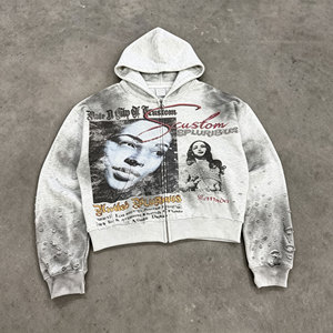 Felpa con cappuccio vintage lavata di alta qualità con zip, stampa DTG personalizzata, effetto distressed, stile streetwear, giacca da <span class=keywords><strong>uomo</strong></span>, fornitore di <span class=keywords><strong>abbigliamento</strong></span> Y2K. - Product Image 1