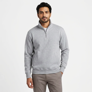 Sudadera con capucha vintage para hombre, color gris jaspeado, dos bolsillos laterales, corte regular, media cremallera, cuello simulado, parte inferior gruesa, bordado personalizado - Product Image 1