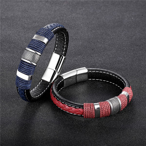 Silver Plated Clasp <b>Red</b> Blue Leather Thread <b>Bracelet</b> Casual Sporty Adjustable Men Fashion Jewelry Gift - Product Image 1