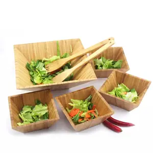 Handmade Wood Bowls Bamboo Wooden Salad Bowl Sets With Salad Tongs for Popcorn, Chips and Dip Bowl, Guacamole Salsa, Picnic
