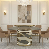 Table à manger en marbre de style moderne et luxueux, avec pieds en acier inoxydable, plateau en verre de forme irrégulière, pour hôtel ou villa, 8 places