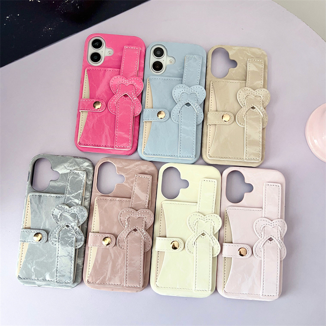 Silk Texture Phone Case with Heart Wristband Kickstand Card Slot for iPhone 18 Pro Max 17 16 15 14 Shockproof Protective Cover