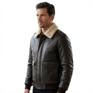 Men's Brown Cow <b>Skin</b> Leather Bomber <b>Jacket</b> With <b>Sheep</b> Fur Collar Zipper Closure Regular Fit Winter Moto Style - Product Image 1
