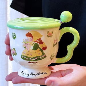 Taza de café de cerámica con tapa y cuchara, diseño de dibujos animados, para desayuno, uso doméstico, juego de una sola taza - Product Image 2