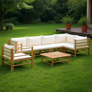 Set Lounge da Giardino Bianco Crema in Bambù Naturale, Arredamento da Esterno 6 Posti, Resistente alle Intemperie, Design Tropicale - Product Image 2