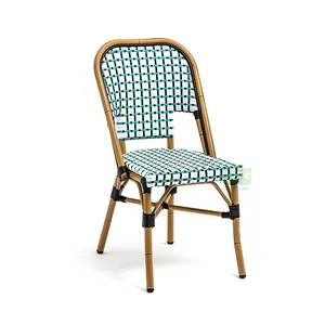 (E2035) 偶尔可堆叠的蓝色pe藤制法式小酒馆椅子户外用餐家具