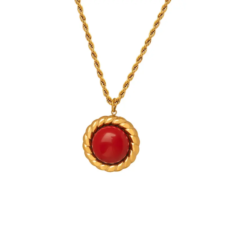 Grossista stile Twist catena di pietre preziose rosse collana pendente in acciaio inox 18k placcato oro Non sbiadito pietra naturale impermeabile J