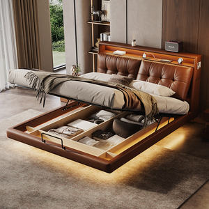 <span class=keywords><strong>Lit</strong></span> flottant de conception italienne tendance, inspiré du style vintage, entièrement rembourré en cuir pleine fleur avec rangement, minimaliste raffiné - Product Image 3