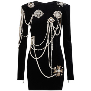 Ocstrade-ropa de <span class=keywords><strong>alta</strong></span> <span class=keywords><strong>costura</strong></span> de lujo, minivestido de fiesta de perlas con cuentas, borla negra, vestido de cóctel con almohadilla para el hombro - Product Image 1