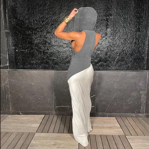 202421355 Patchwork Hooded Maxi Dresses Ladies Fashion Bandage Sleeveless Loose Straight Concise Robe Women Casual Dress