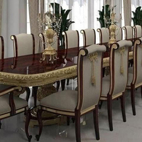 Table à manger longue de style classique européen avec design en arc, ensemble table et chaises en bois pour plusieurs personnes, sensation haut de gamme