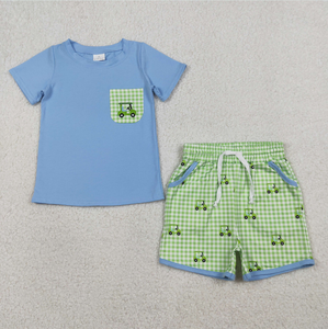 Ensembles de vêtements pour bébés garçons et filles, broderie, motif camion de golf, haut vert à carreaux, jupe-short - Product Image 4