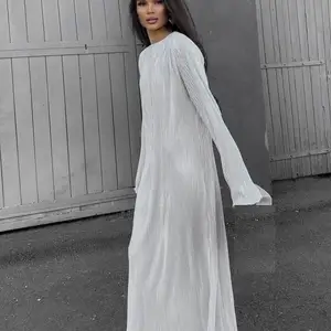 Enyami Spring Fall New Style Chic Pleated Fabric Round Neck Long Sleeve Solid Color Plisse Loose Long Women Casual Maxi Dress