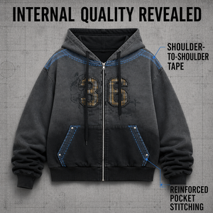Sweat-shirt à capuche surdimensionné pour homme avec fermeture éclair, motif à carreaux numéro 36, design appliqué, coton French Terry, vêtement décontracté pour l'automne - Product Image 1