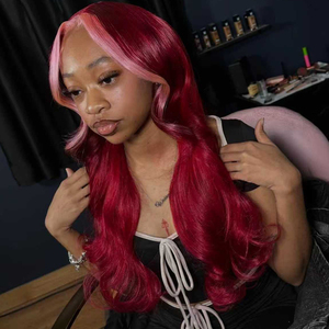 Perruques en cheveux humains Lace Frontal 13x6 13x4, couleur <span class=keywords><strong>Rouge</strong></span> <span class=keywords><strong>Bourgogne</strong></span> avec rayures roses, ondulation naturelle, pour femmes, avec closure 6x4 5x5 - Product Image 3