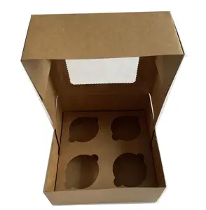 Umwelt freundliche 4 Tasse Cupcake Kuchen Box Donut Macaron Dessert Verpackung Custom mit Fenster Kraft papier Box