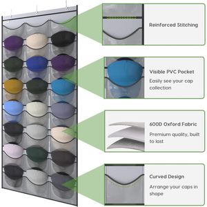 Organizador de gorras para colgar sobre la puerta, 24 bolsillos, estante de almacenamiento transparente para exhibir y organizar gorras de béisbol - Product Image 3