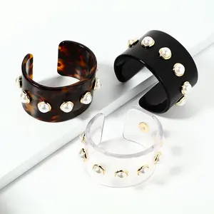 Korean Fashion Tortoiseshell Acrylic Cellulose Stackable Cuff Bangle Bracelets Gold Pearl Women's Jewelry Accessories Any