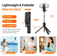 Trépied perche à selfie Bluetooth, support de téléphone pliable avec lumière d'appoint détachable pour vlogging, diffusion en direct et voyages