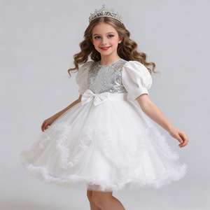 Vestido de Princesa para Niñas, Manga Corta, Falda de Tul con Lentejuelas y Lazo, Lavable, para Anfitrionas, Actuaciones de Piano, Navidad - Product Image 1