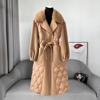 PUDI Nouvelle veste en laine mélangée à carreaux pour femme avec col en fourrure de vison, longue, hiver CT2154