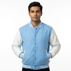 Veste universitaire boutonnée avec patchs personnalisés, vêtements de sport, veste universitaire pour hommes, laine bleu clair avec manches en cuir blanc - Product Image 1