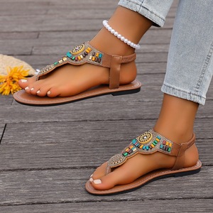 Women Bohemian Beaded Flat <b>Sandals</b> <b>Elastic</b> Ankle Strap Clip Toe Summer Beach Casual Footwear - Product Image 2