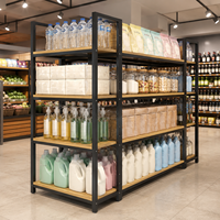 Houten en stalen lichtgewicht vrijstaande supermarkt displayrek met verstelbare planken voor groenten- en levensmiddelenwinkels