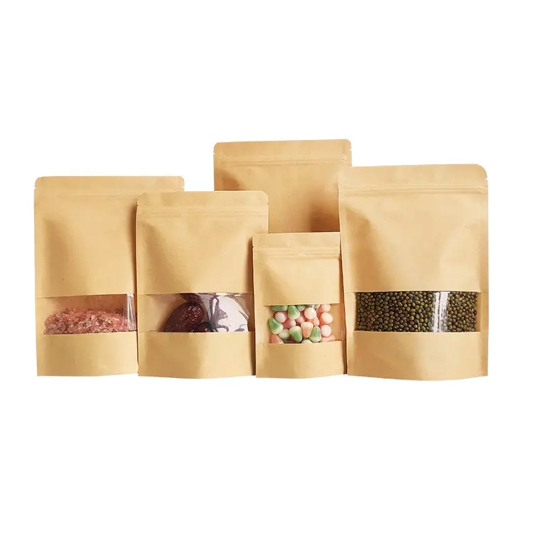 Benutzer definierte recycelte Druck verschluss Stand Up Beutel Brown Kraft Food Snack Kaffee Papiertüte mit Fenster