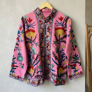 Manteau en coton pour femme grande taille, style bohème, broderie florale à la main, col mandarin, manches longues, vêtement d'extérieur décontracté pour le printemps - Product Image 3