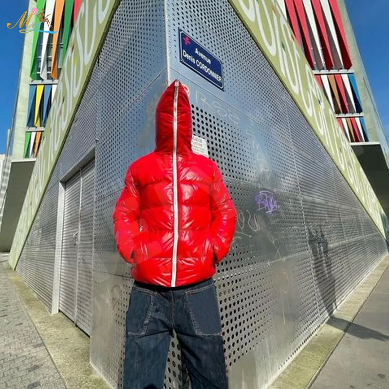 OEM customization new fashion Men's red bubble jacket full face zip hoodie winter coats oversized Hip hop down puffer jacket